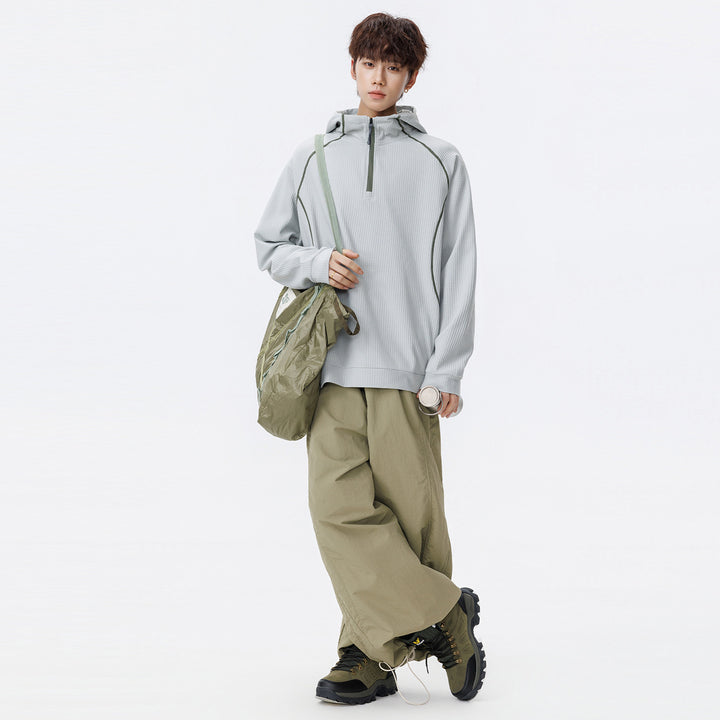 Unisex Oversize Waffle Texture Half-Zip Hoodie with Raglan Sleeves and Contrast Piping Drune