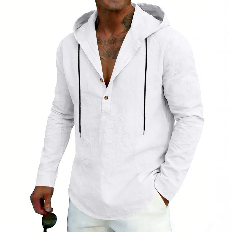 Men's Linen Henley Hooded Shirt with Short Button Placket, Hood, and Relaxed Fit Mune Fashion