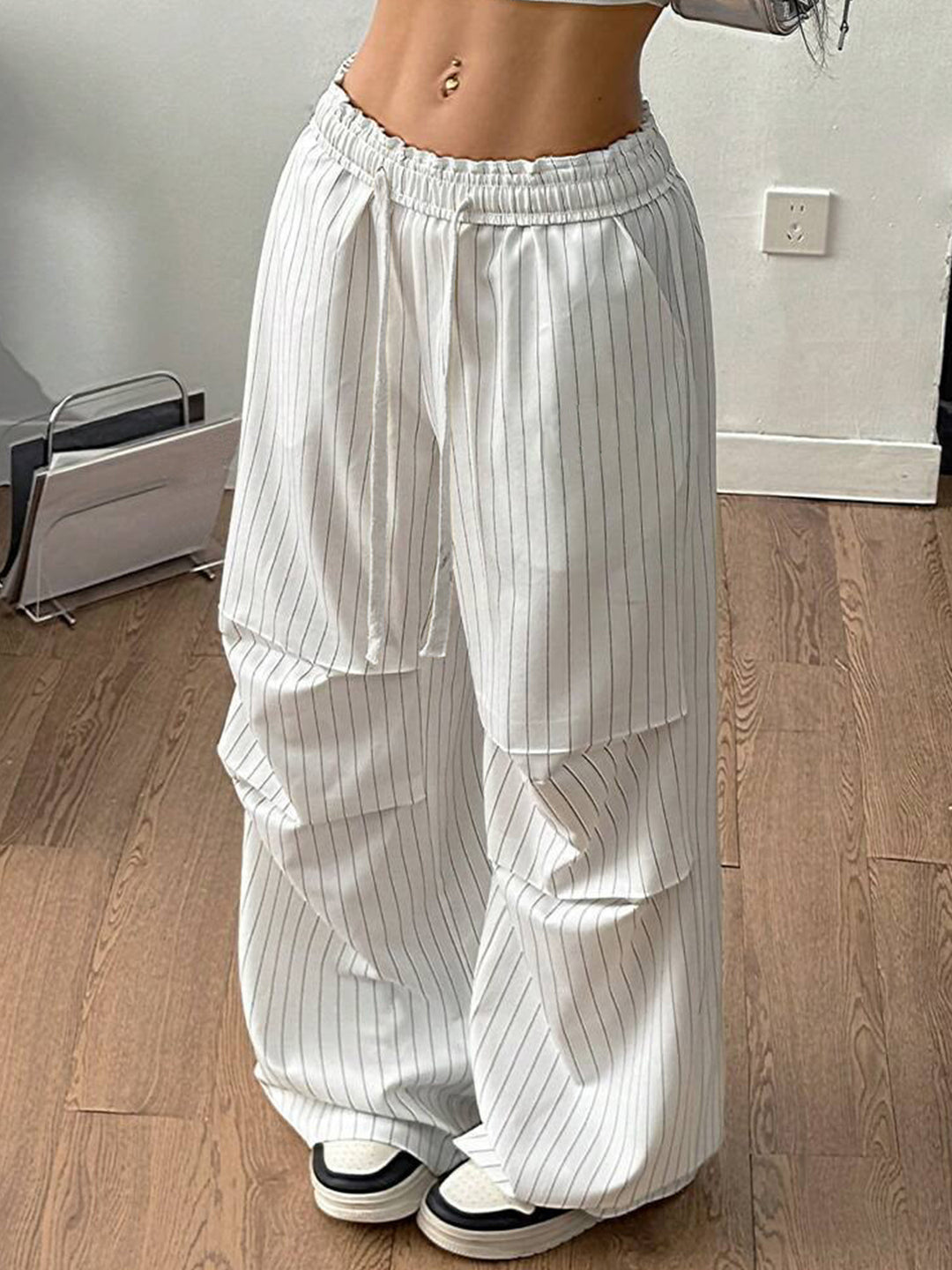Women's Wide Pinstripe Lounge Pants with High Elastic Waistband and Drawstring