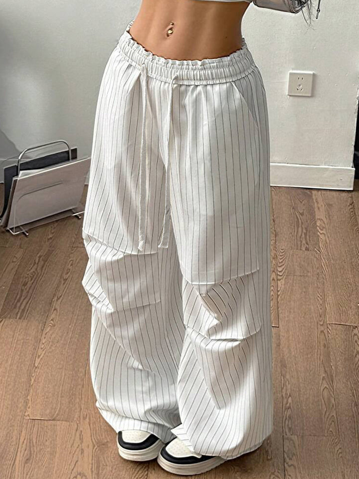 Women's Wide Pinstripe Lounge Pants with High Elastic Waistband and Drawstring