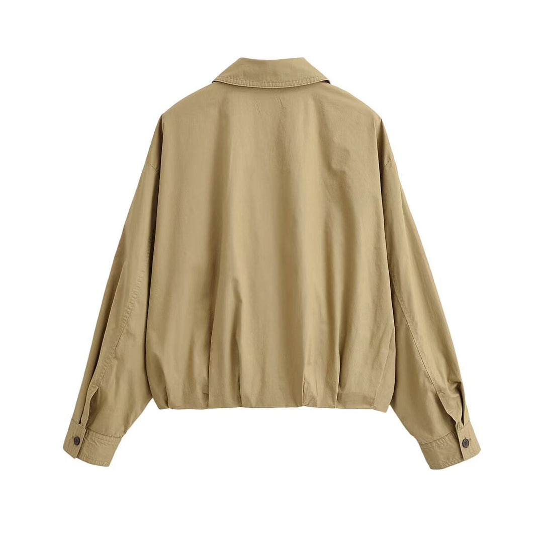 Women's Oversized Cropped Bomber Style Jacket with Shirt Collar and Gathered Hem Mune Fashion