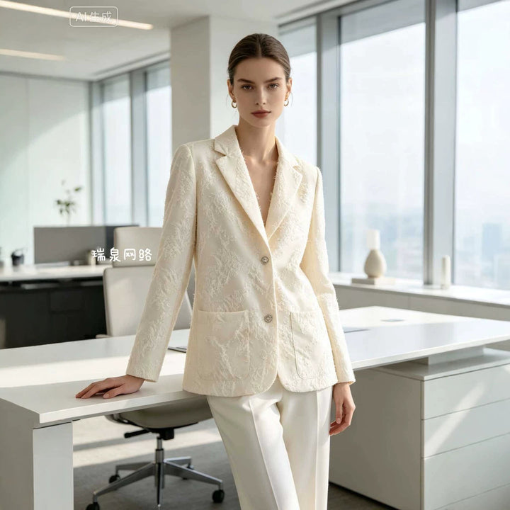 Women Boucle Blazer with Fringe Structure and Patch Pockets Mune Fashion