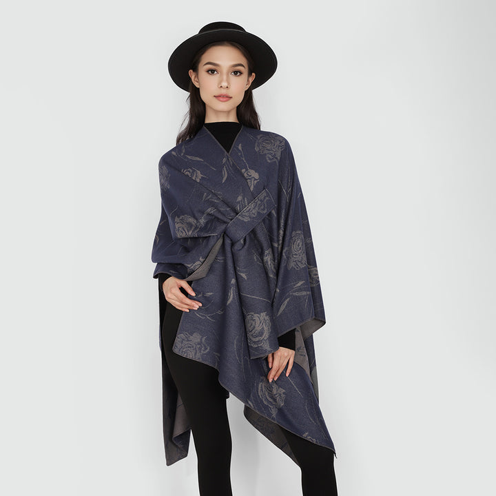 Ladies Reversible Jacquard Wrap with Rose Pattern and Tying Belt Mune Fashion