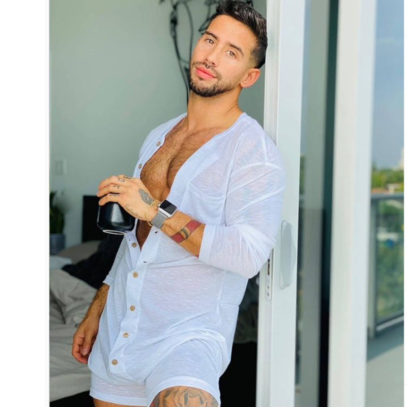 Men's comfortable short overall with round neck, continuous wooden button placket and chest pocket Mune Fashion