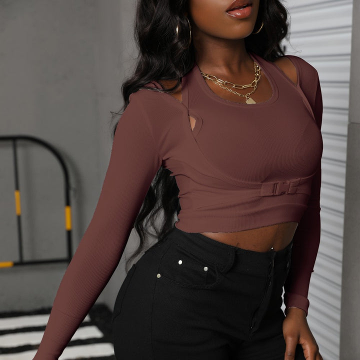Women Sculpting Crop Top with Cut-Out Details, Long Sleeves and Adjustable Waist Belt Mune Fashion