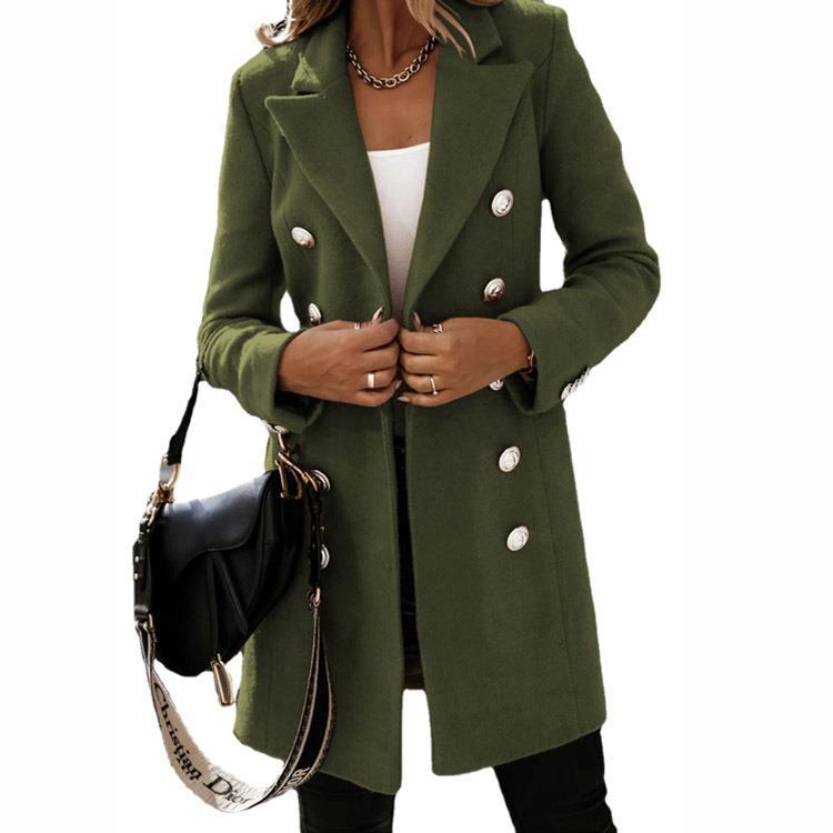 Women's Tailored Double-Breasted Wool Coat with Decorative Buttons and Lapel Collar Mune Fashion