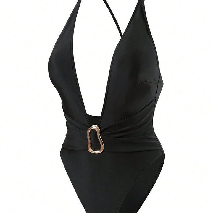 Women's One-Piece Swimsuit with Deep V-Neck and Elegant Gold Detail