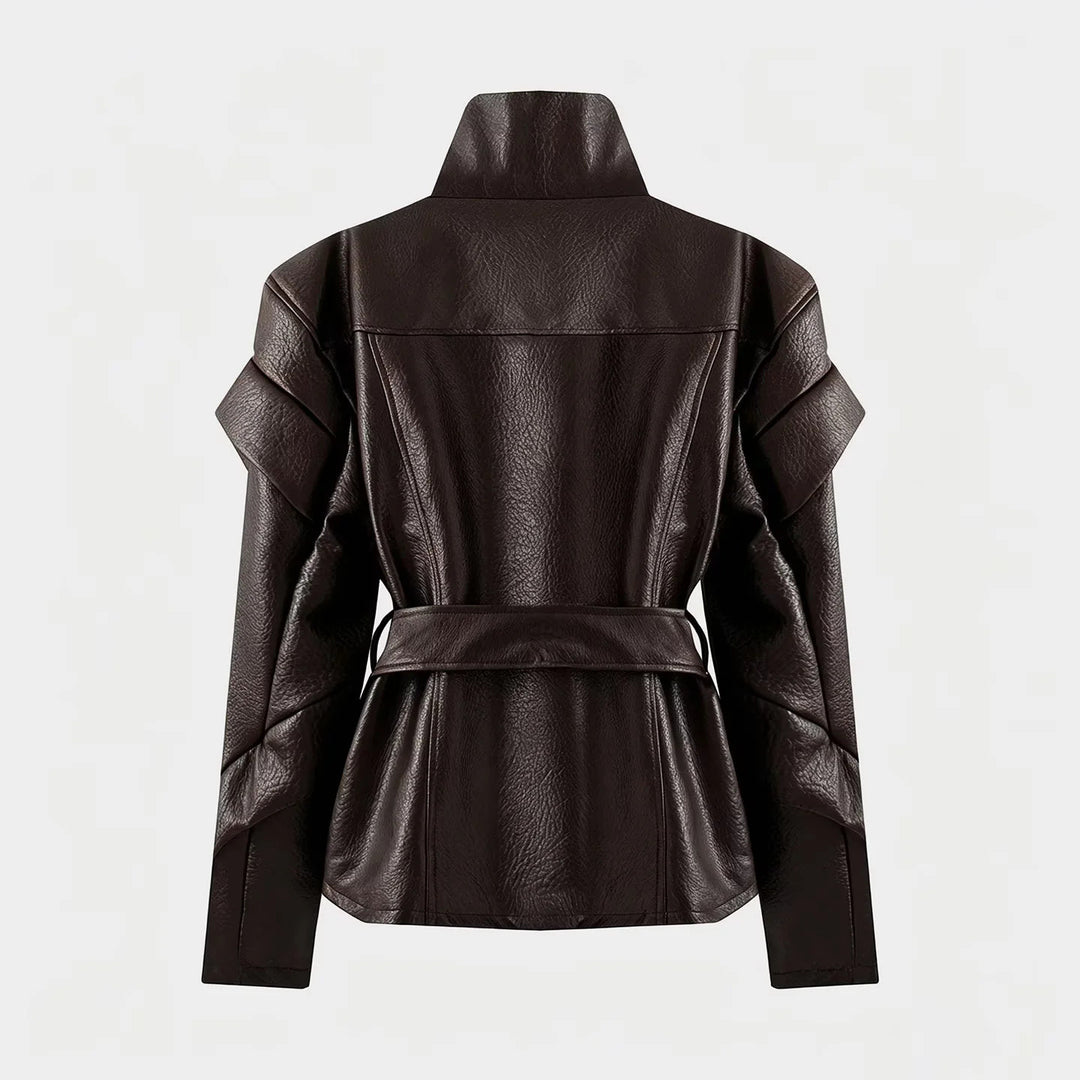 Women's fitted faux leather jacket with asymmetric zipper, high stand-up collar, and tie belt Mune Fashion