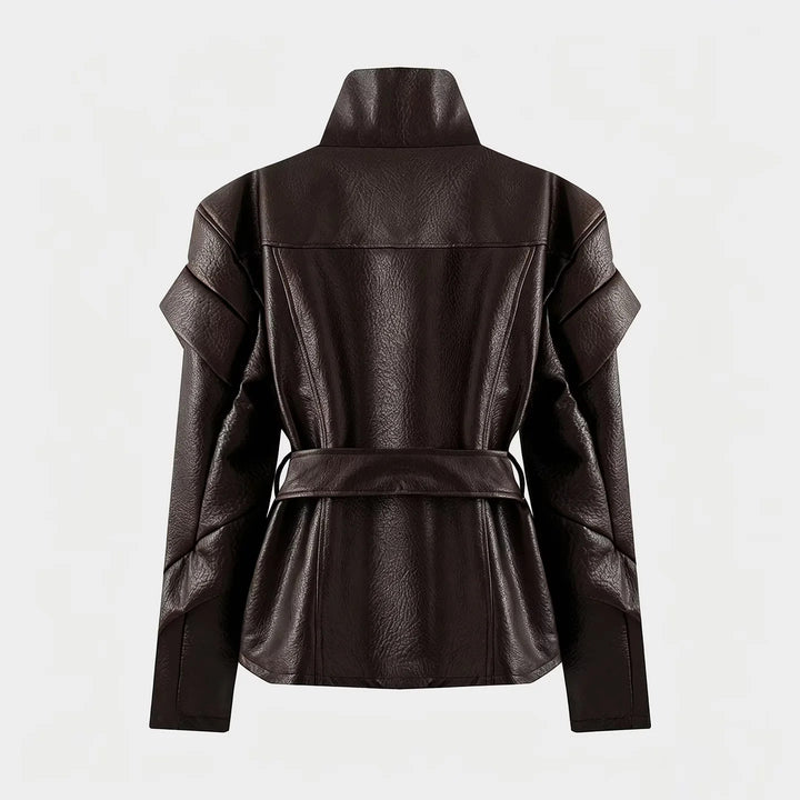 Women's fitted faux leather jacket with asymmetric zipper, high stand-up collar, and tie belt Mune Fashion