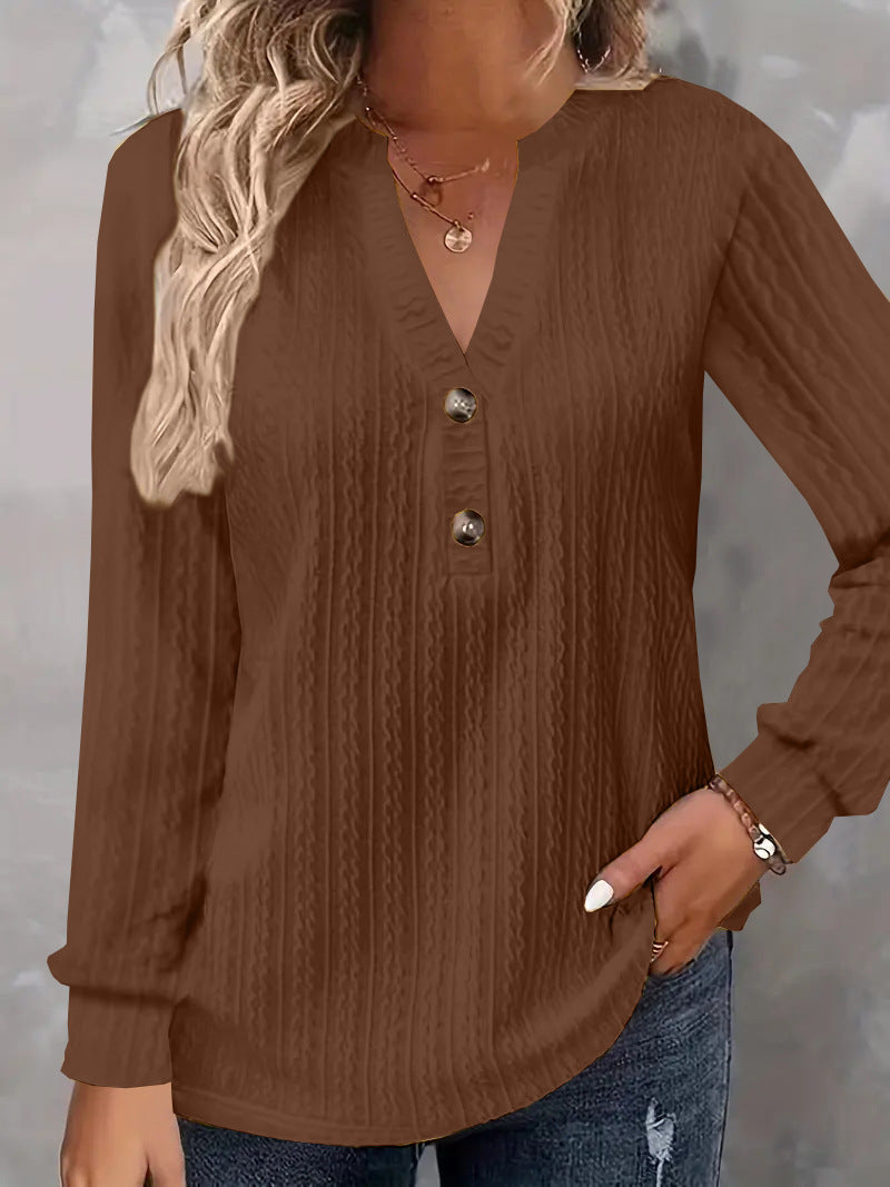 Women Structured V-Neck Long Sleeve Shirt with Decorative Button Placket Mune Fashion