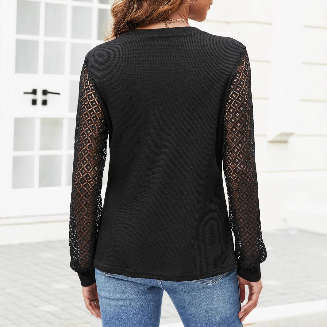 Ladies fine knit pullover with transparent lace sleeves and round neckline Mune Fashion
