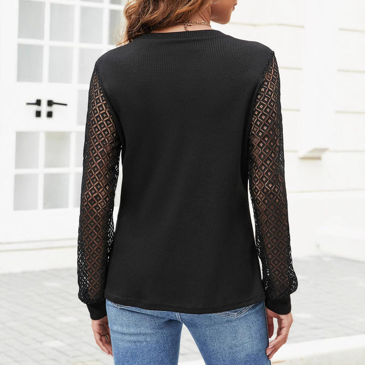 Ladies fine knit pullover with transparent lace sleeves and round neckline Mune Fashion