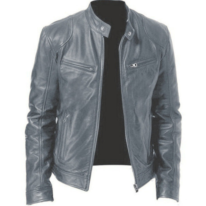 Men's slim genuine leather biker jacket with stand-up collar, two zippered chest pockets and straight silhouette Mune Fashion