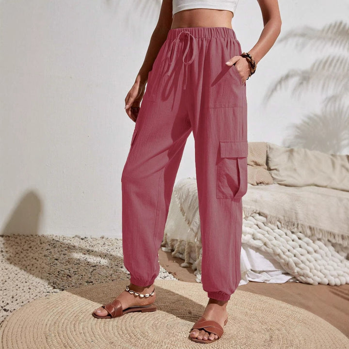 Women Cargo Jogging Pants with Elastic Waistband, Drawstring and Patch Pockets Mune Fashion
