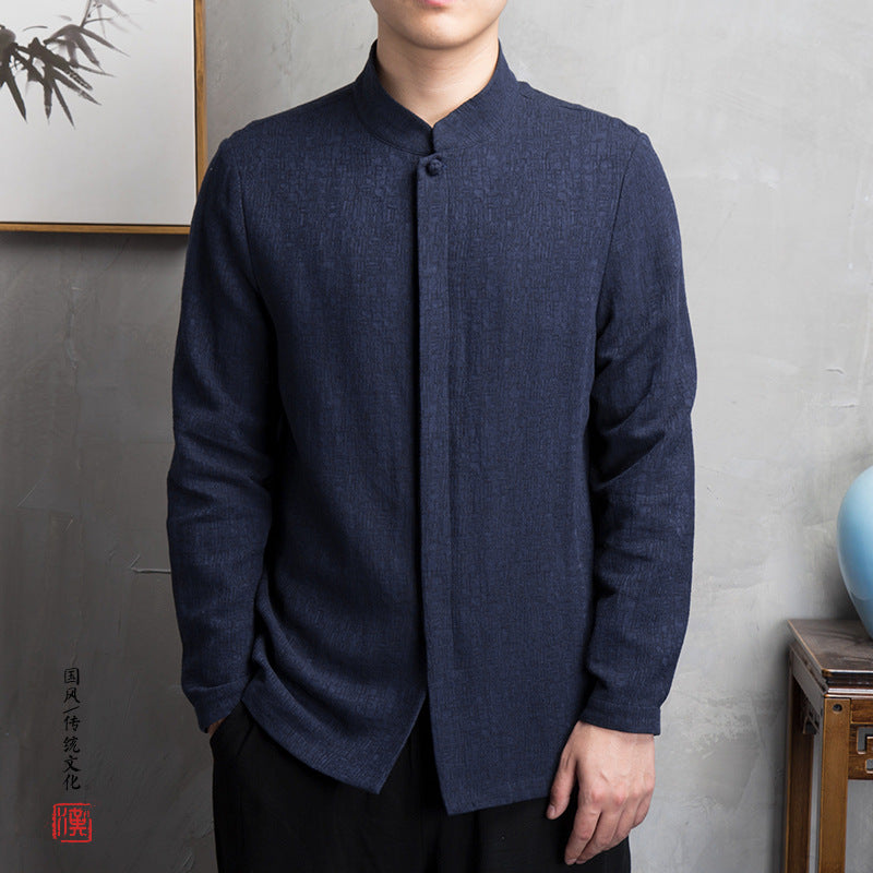 Men's light linen shirt with stand-up collar and hidden button placket Mune Fashion
