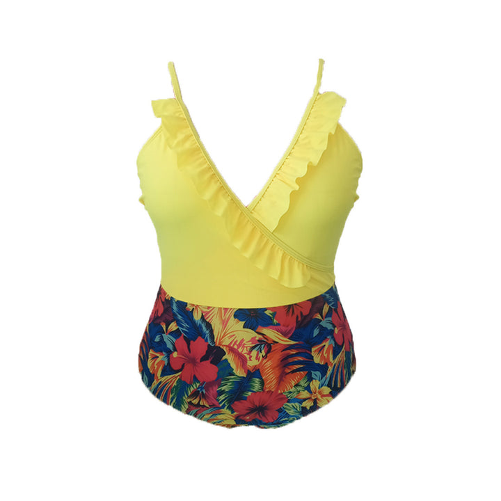 Women's one-piece swimsuit with asymmetrical ruffle design and floral pant area Mune Fashion