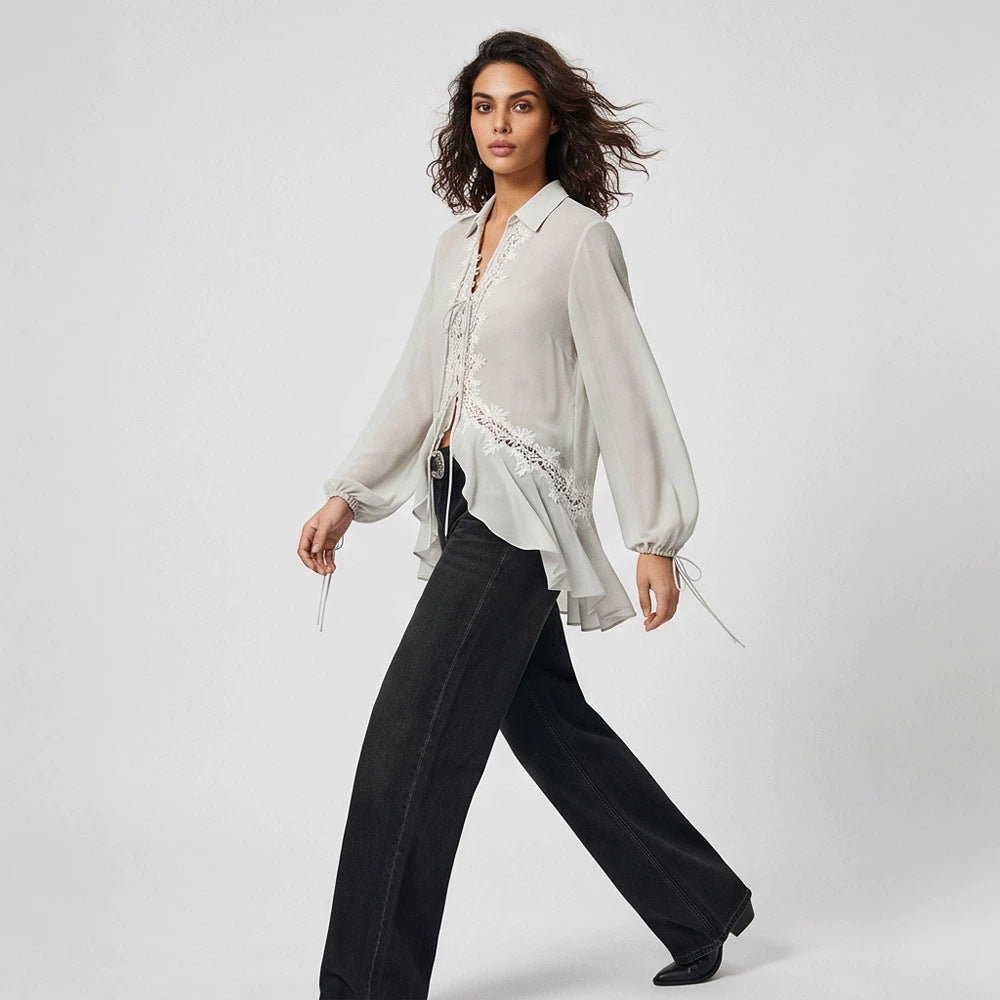 Women Transparent Chiffon Blouse with Lace Trim, Tie Band & Asymmetrical Ruffle Hem Mune Fashion