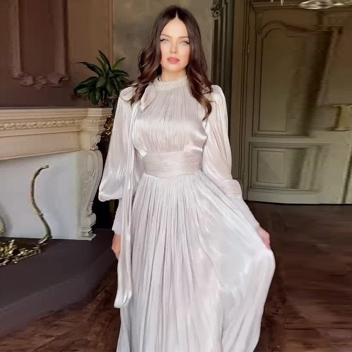 Women Elegant Chiffon Maxi Dress with Tailored Wrap Waist, Stand Collar and Long Puff Sleeves Mune Fashion