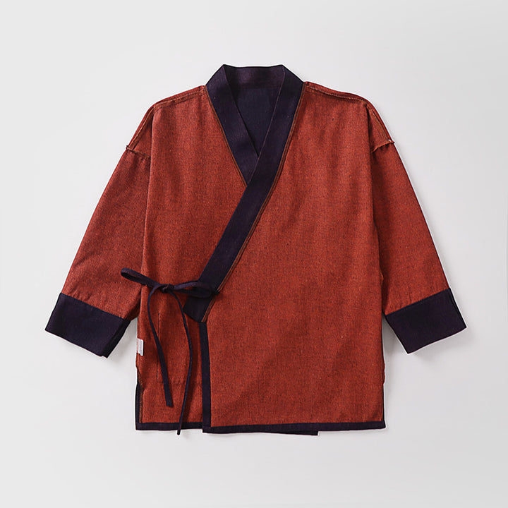 Unisex Lightweight Wrap Kimono Jacket made of Linen-Cotton Blend with Contrast Trim and Tie Belt Mune Fashion