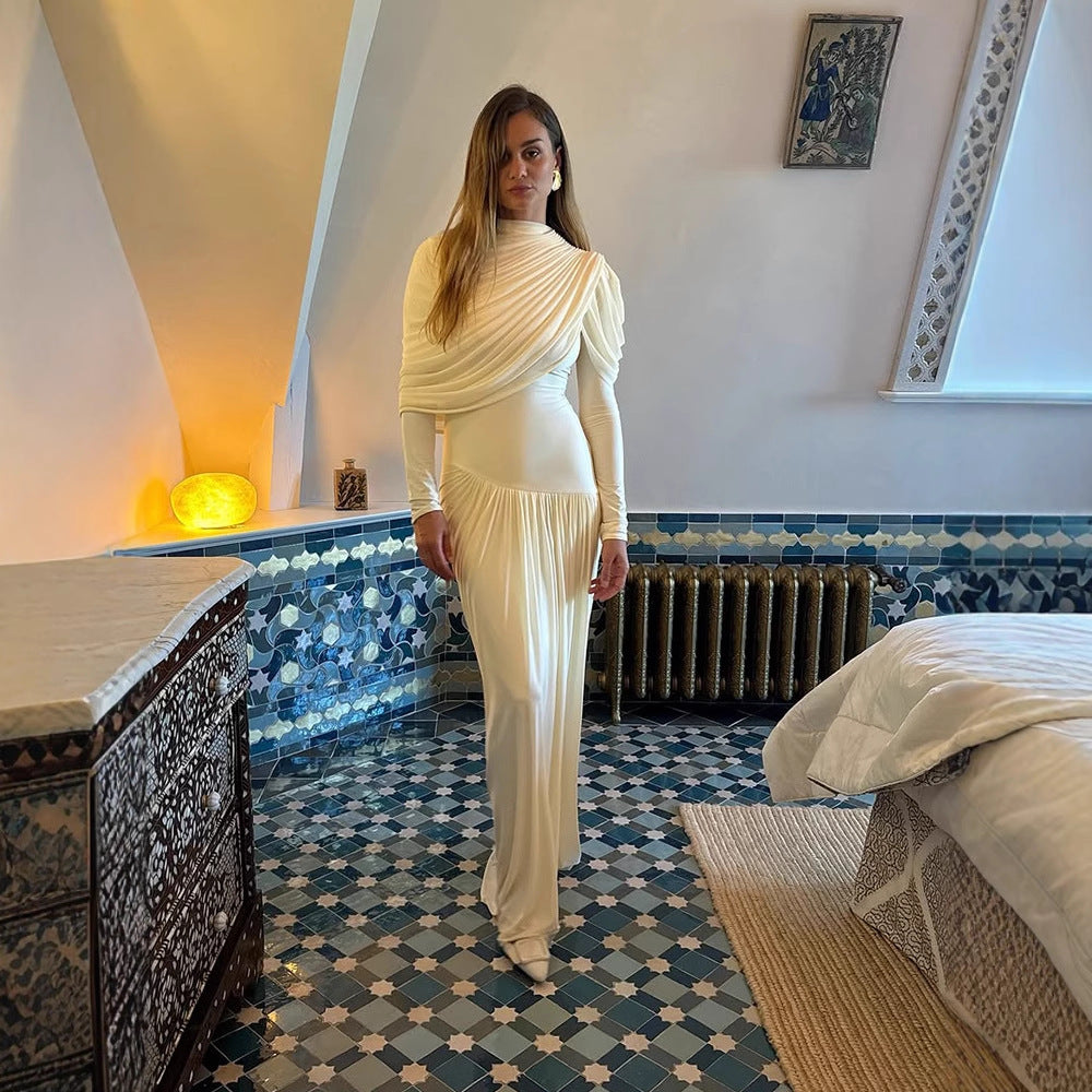 Women Pleated Maxi Evening Dress with Draped Shoulders and Long Sleeves Mune Fashion