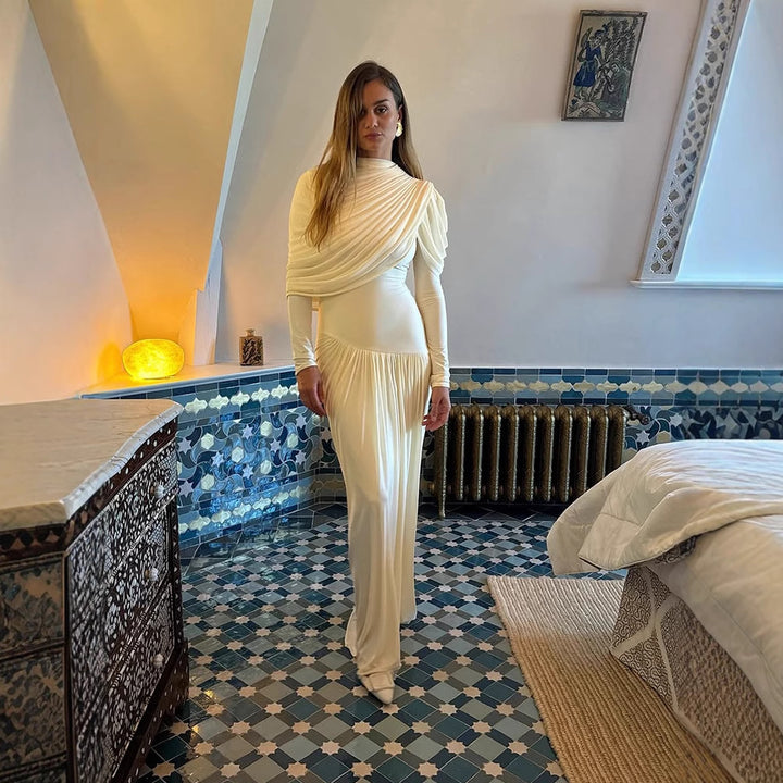 Women Pleated Maxi Evening Dress with Draped Shoulders and Long Sleeves Mune Fashion