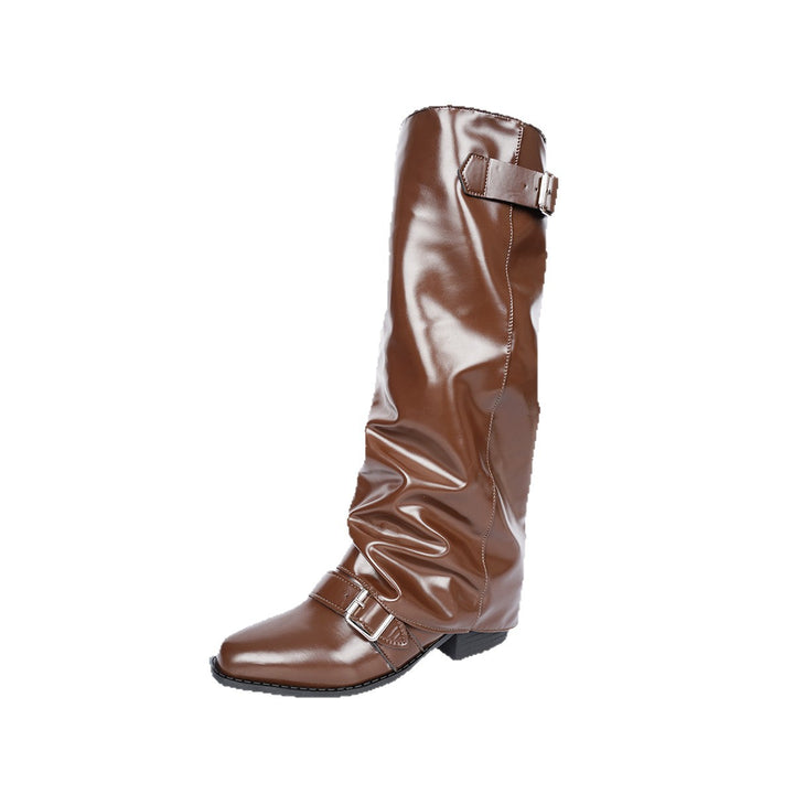 Women's knee-high patent leather boots with slip-on shaft and adjustable buckles Mune Fashion
