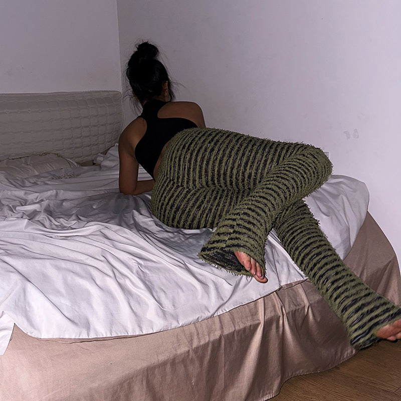 Damen Strukturierte Rippstrick-Hose mit hohem Bund und gerafften Beinenden Mune Fashion