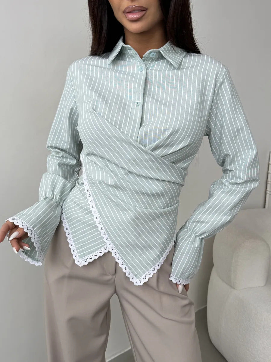 Women tailored wrap blouse with lace trim and fine vertical stripes Mune Fashion