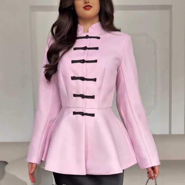 Women's Tailored Peplum Jacket with Stand Collar and Decorative Toggle Fasteners Mune Fashion