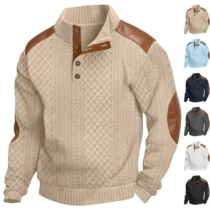 Men's pullover with stand-up collar, cable pattern and contrasting leather applications Mune Fashion