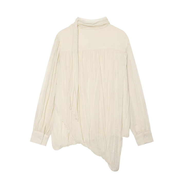 Women's Ruched Crinkle Blouse with Funnel Neck, Balloon Sleeves and Twisted Hem Mune Fashion