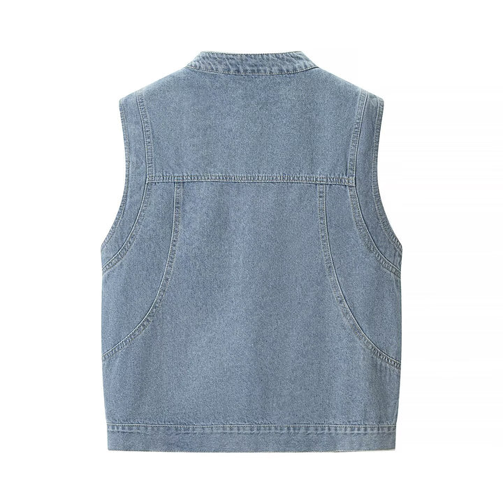 Women's jeans vest with stand-up collar, full-length button placket, and patch pockets Mune Fashion