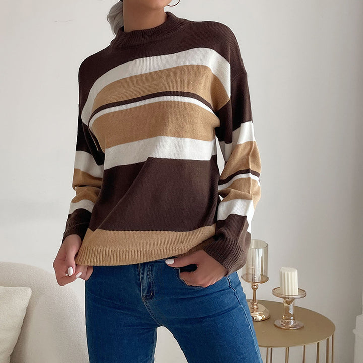 Women's Long Sleeve Striped Fine Knit Sweater with Short Stand-Up Collar and Casual Silhouette Mune Fashion