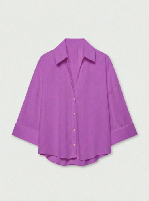 Women's Lightweight Oversized Linen Look Blouse with Three-Quarter Sleeves and Full Button Placket Mune Fashion