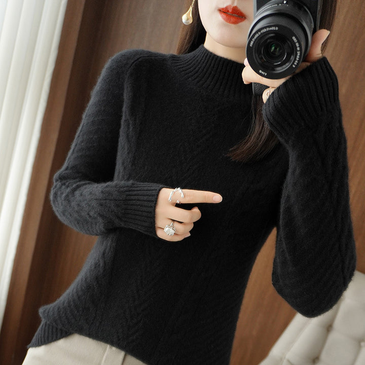 Women Lightweight Mohair-Look Stand Collar Sweater with Cable-Lace and Tailored Silhouette Mune Fashion
