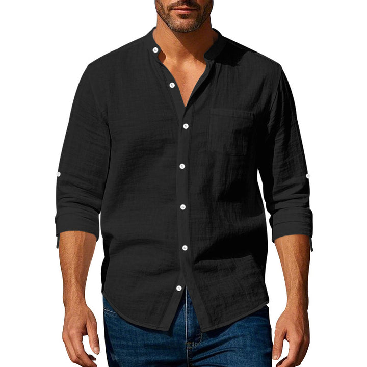 Men's Cotton Gauze Shirt with Stand Collar, Chest Pocket and Roll-Up Sleeves Mune Fashion