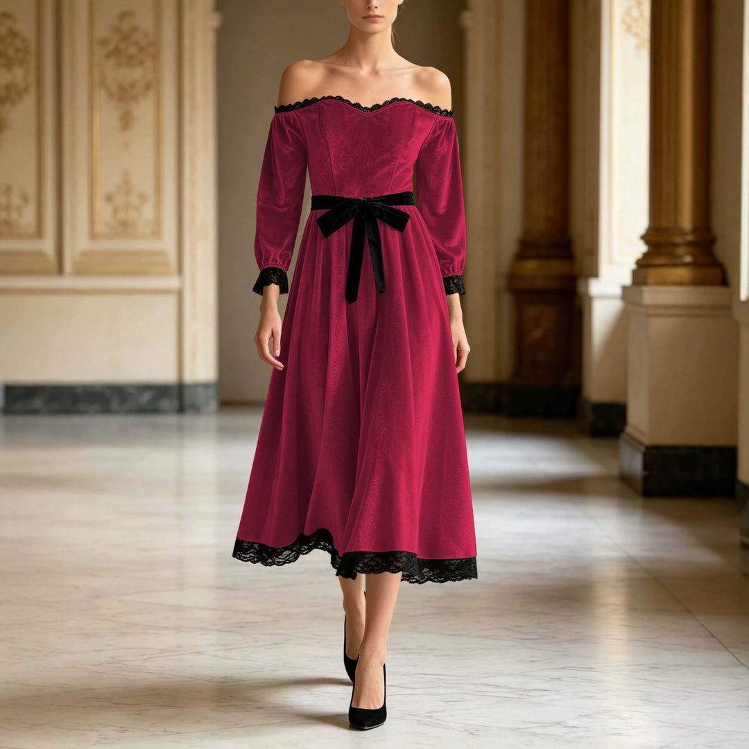 Women Off-Shoulder Velvet Dress with Lace Trim, Velvet Waist Belt and Flared Midi Skirt Mune Fashion