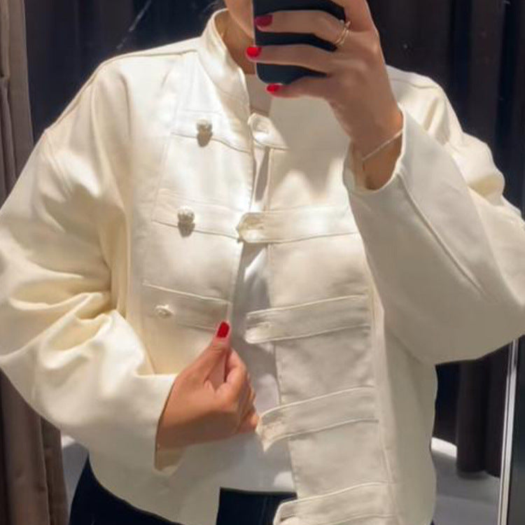 Women's Cropped Boxy Jacket with Chinese Stand Collar and Decorative Button Placket Mune Fashion