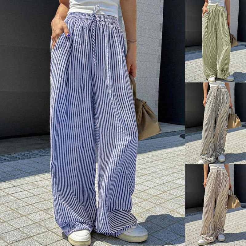 Women's Marlene striped pants made of linen blend with wide leg, elastic waistband and drawstring Mune Fashion
