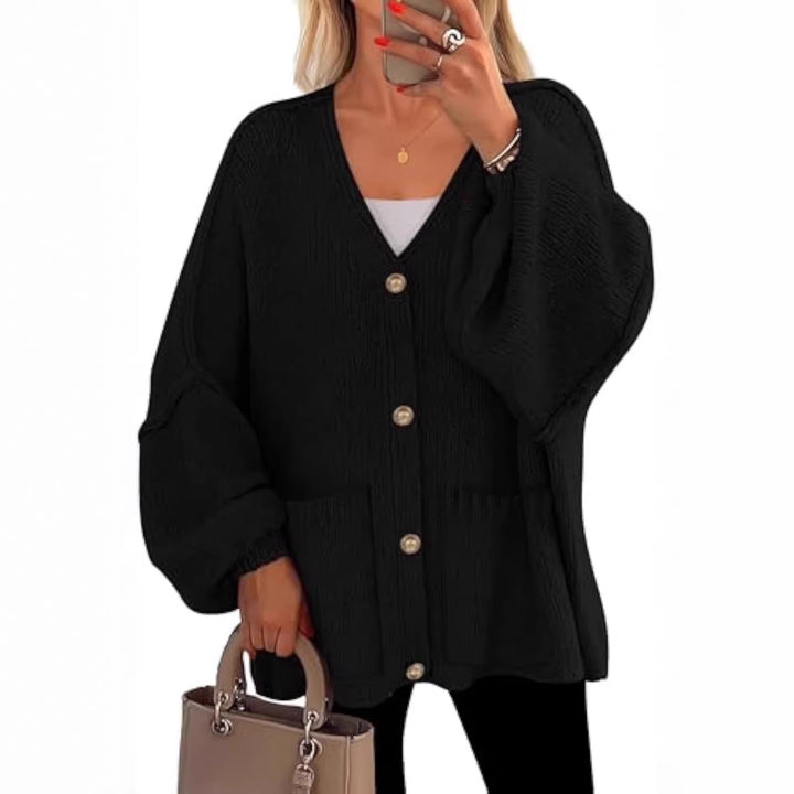 Women Oversized Knit Cardigan with V-Neck, Golden Decorative Buttons and Patch Pockets Drune