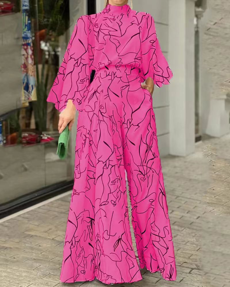 Women's Elegant Longline Jumpsuit with Stand Collar, Balloon Sleeves and Side Pockets