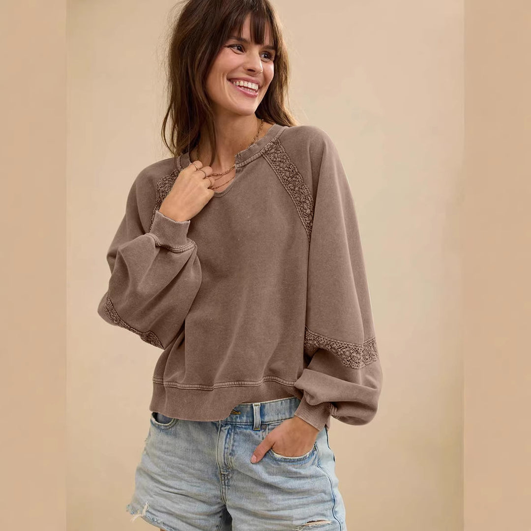 Women's Casual Sweatshirt with V-Notch, Lace Inserts and Balloon Sleeves Mune Fashion