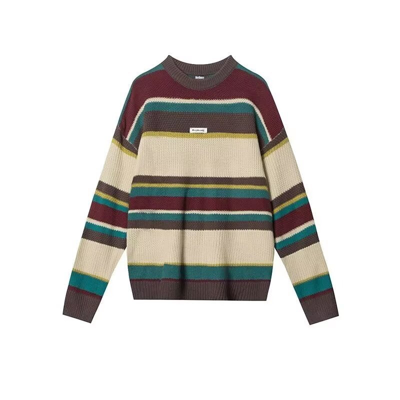 Men's Casual Chunky Knit Sweater with Colorful Stripe Pattern Mune Fashion