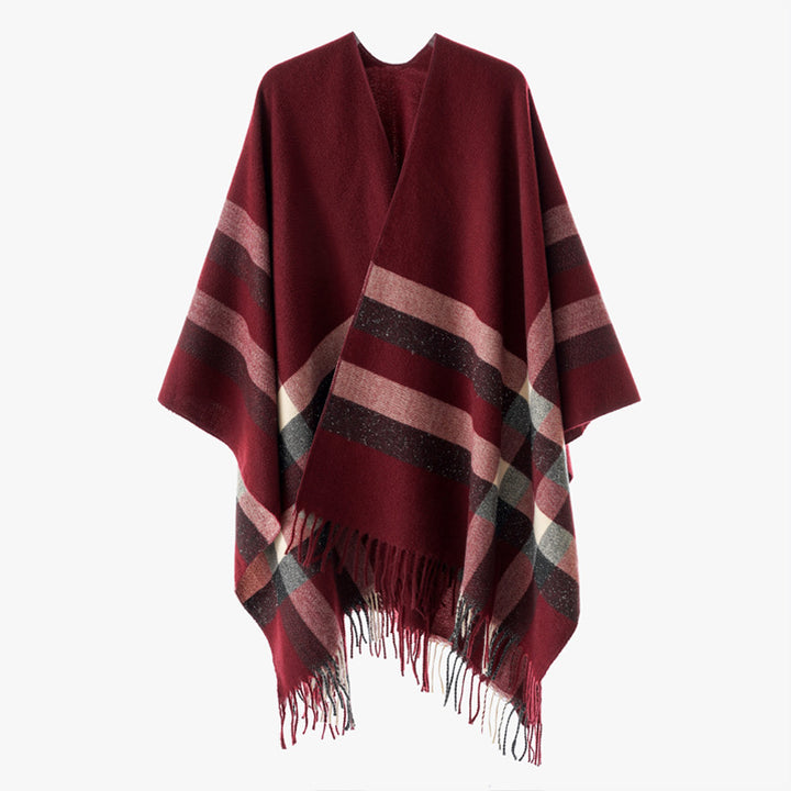 Women's wool blend cape poncho in oversized kimono with check pattern and fringe hem Mune Fashion
