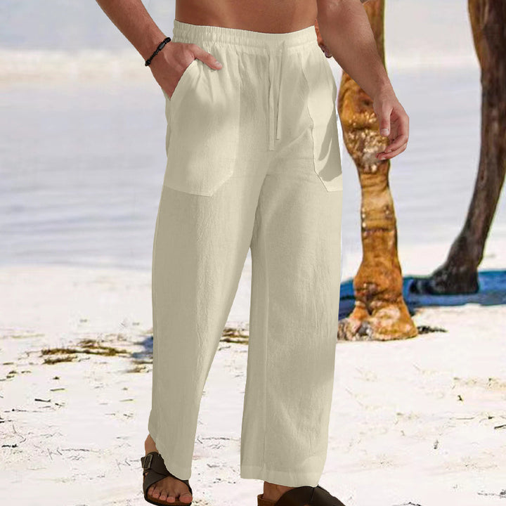 Men's airy linen relaxed pants with straight leg, patch front pockets, and elastic drawstring Mune Fashion