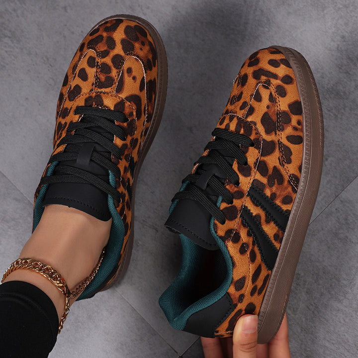 Ladies Leopard Print Suede Look Sneakers with Ergonomic Padded Sole and Non-Slip Rubber Sole Mune Fashion