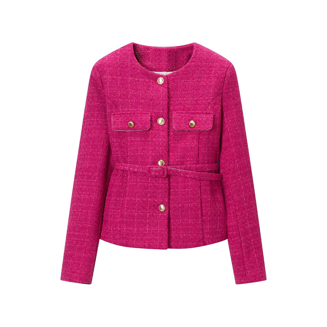 Women's Short Boucle Jacket with Waist Belt, Breast Flaps and Golden Decorative Buttons Mune Fashion