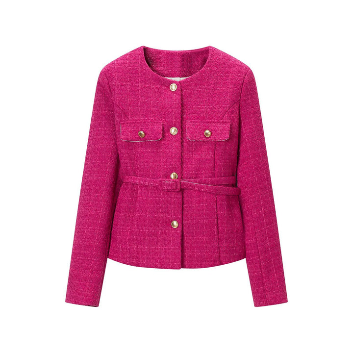 Women's Short Boucle Jacket with Waist Belt, Breast Flaps and Golden Decorative Buttons Mune Fashion