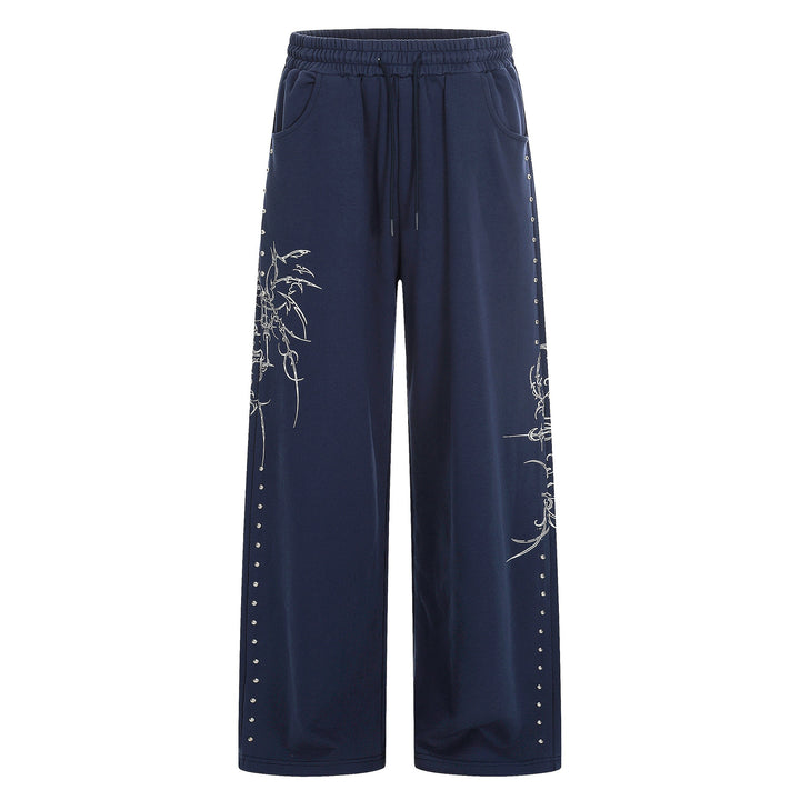 Women's Loose Sweatpants with Drawstring, Decorative Studs and Graphic Print Mune Fashion