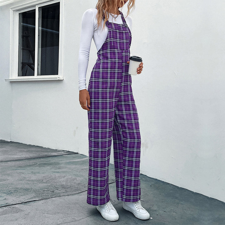 Women's Casual Checkered Jumpsuit with Wide Leg and Adjustable Straps Mune Fashion